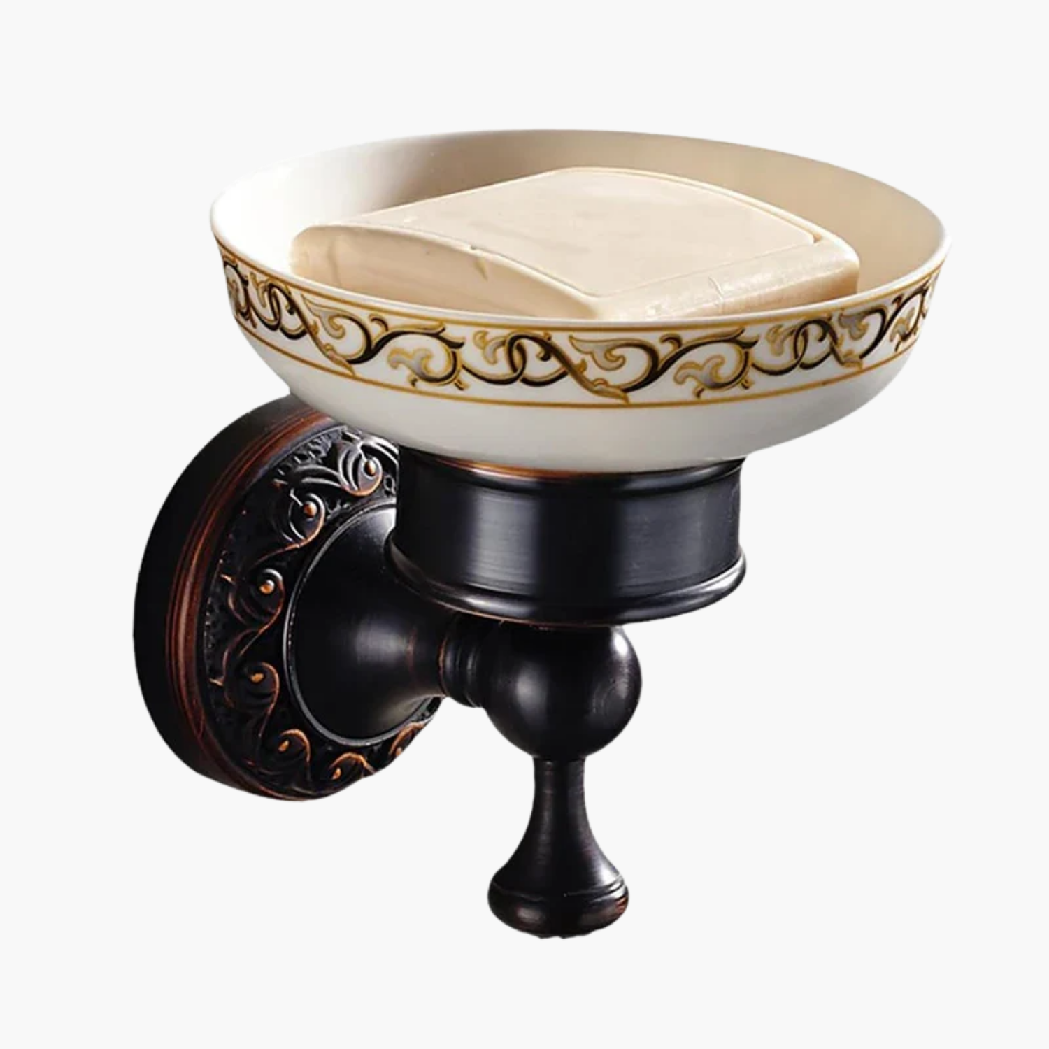 Gros plan sur les détails artisanaux du porte-savon bronze antique, révélant la qualité de la patine naturelle