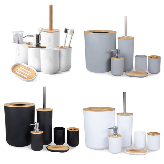 Collection d’accessoires de salle de bain comprenant des tasses, des porte-brosses à dents et des porte-savons 